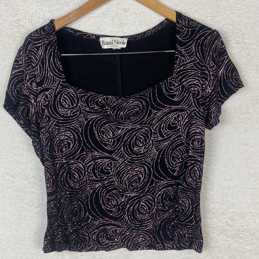 VTG 90's Ronni‎ Nicole by Ouida Black Glittery Sparkly Square Neck Top Women L